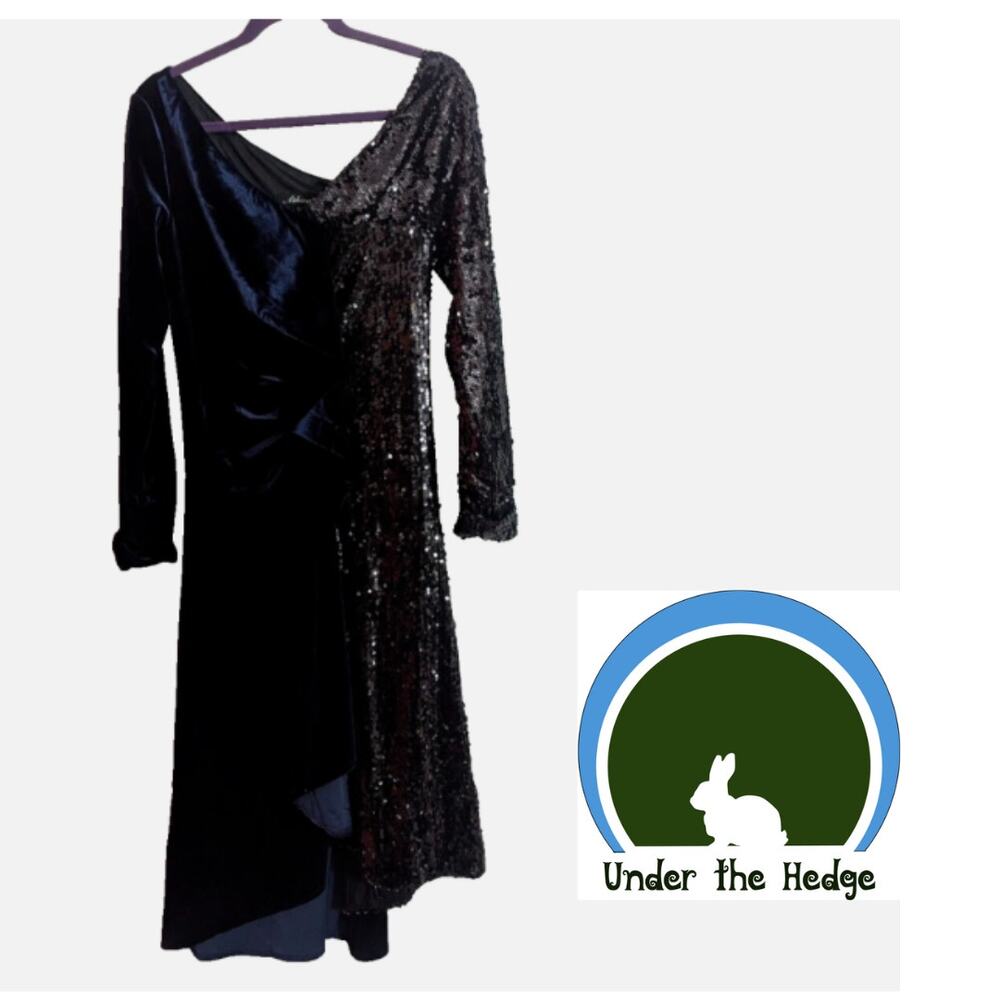 NWOT ATHINA Midnight Velvet & Black Draped Contrast Cocktail Dress Large I1 Glam